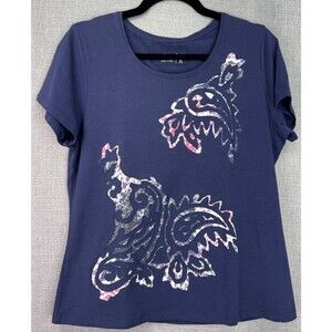 Coldwater Creek Women's Basic Tee Navy Size M Paisley Appliqué